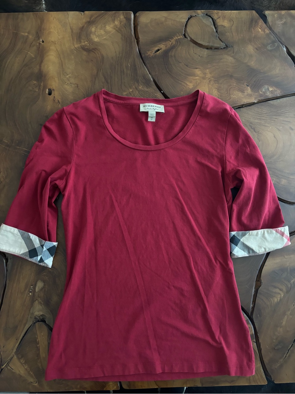 Burberry Women’s Deep Red Scoop Neck Top with Check Cuff Detail